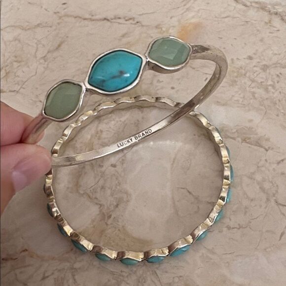Lucky Brand Silver-tone & Turquoise Stones Boho Bangle Bracelet Set - Picture 7 of 10
